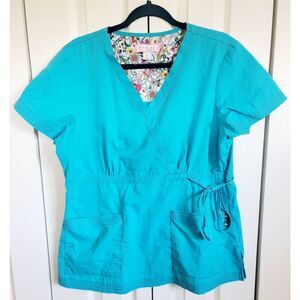 Koi Large Scrub Top By Kathy Peterson Women's Aqua Blue Mock Wrap Side Tie